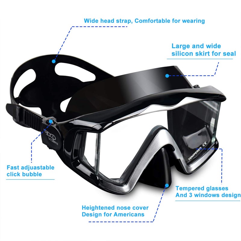 EXP VISION الكبار بانو 3 نافذة قناع الغوص خفف من الزجاج غص قناع مكافحة الضباب قناع السباحة لا تسرب نظارات السباحة مع غطاء الأنف معدات الغطس للغطس الحر والسباحة (أسود) - Image 3
